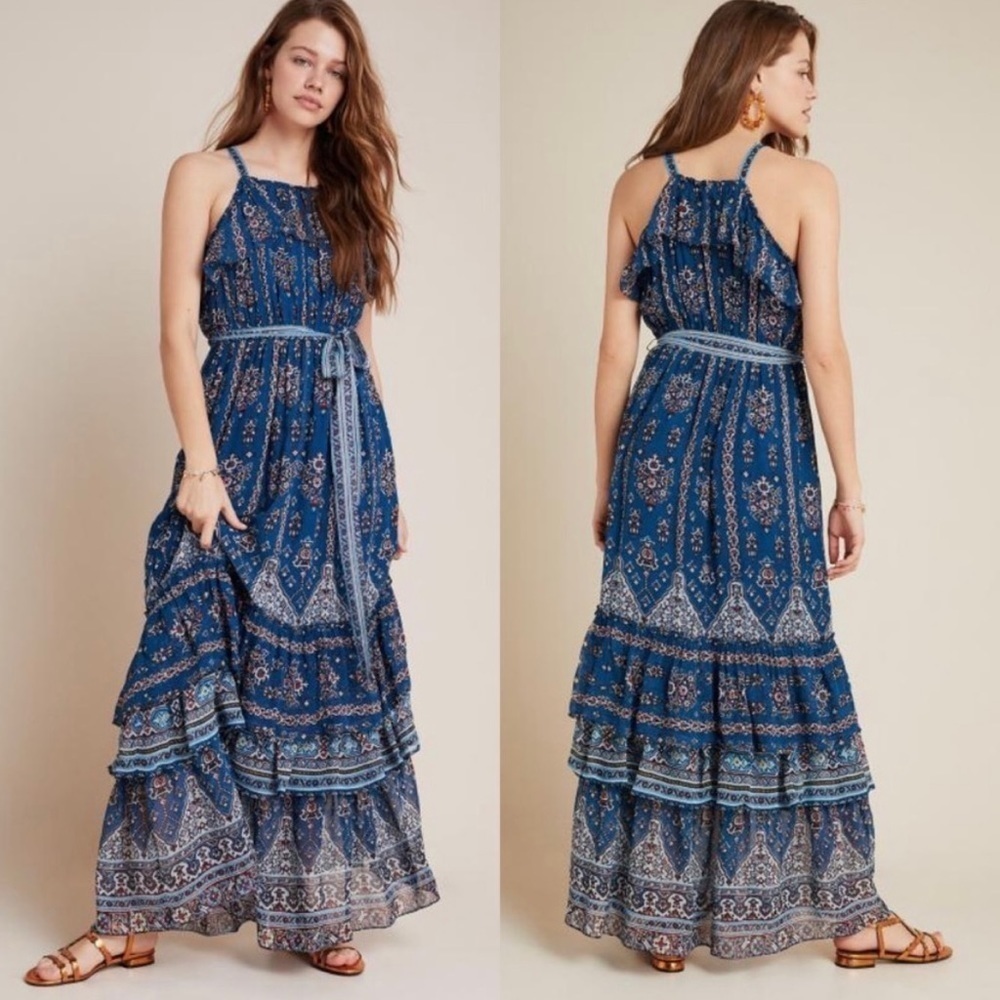 NWT Anthropologie Size XS Blue Sleeveless Sasha Ruffled Maxi Dress $198